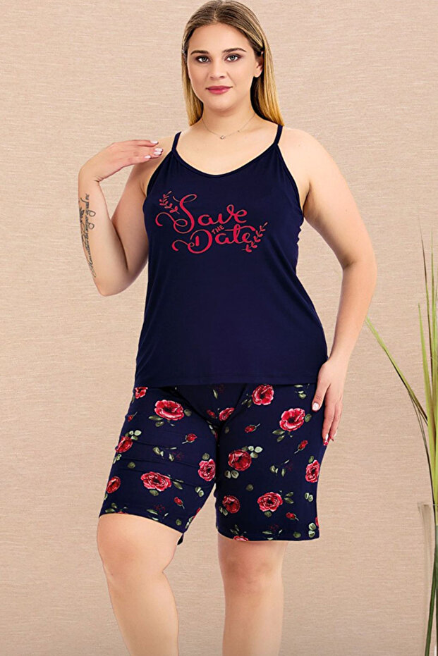 Thin Strap Navy Blue Plus Size Shorts Suit