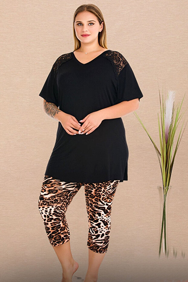 Leopard Lace Detailed Plus Size Pajama Set