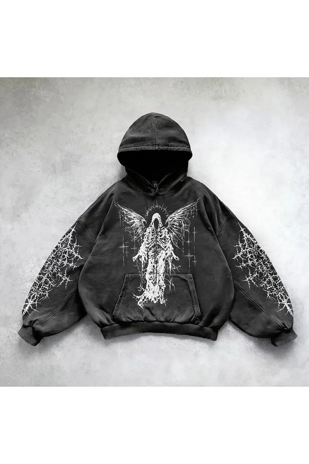 Yıkamalı Devil Winged Gothic Kapüşonlu Sweatshirt - 1