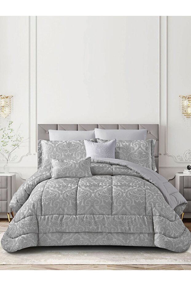 طقم مفرش سرير نفرين 5 قطع جاكار محاك من المايكروفايبر يناسب سرير 140×200 سم – تصميم ديزاينر بحشوة ثابتة