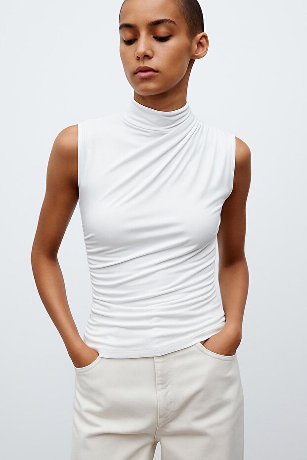 Drawstring Sleeveless Sandy Bluz - 1