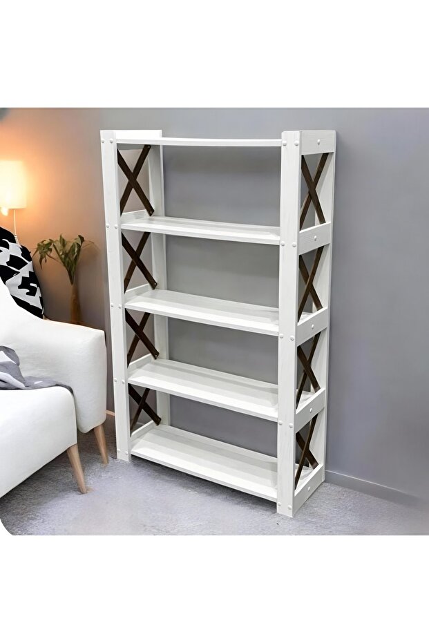 Modern wooden shelf with five shelves and a cross-shaped side design - Height: 120 cm, Width: 73 cm, Depth: 27 cm - 1