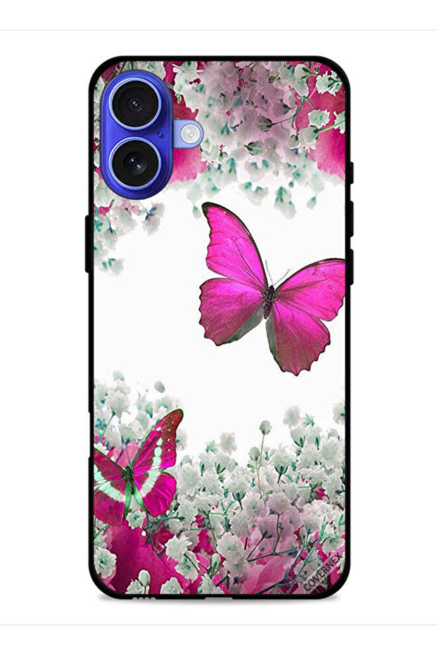 غطاء حماية لهاتف Apple iPhone 16 Plus برسومات فراشات جميلة وورود صغيرة