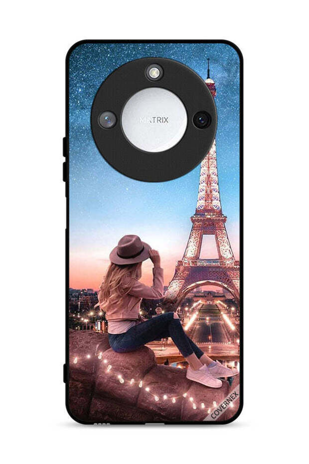 غطاء حماية لهاتف Honor X60 5G بتصميم فتاة القبعة وبرج إيفل