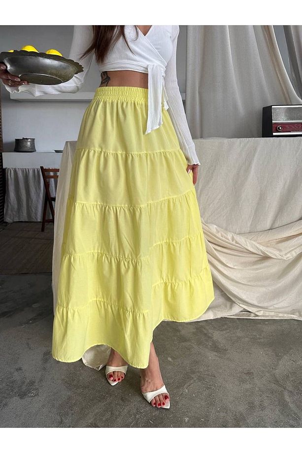 Sarı Beli Lastikli Poplin Uzun Etek - 6