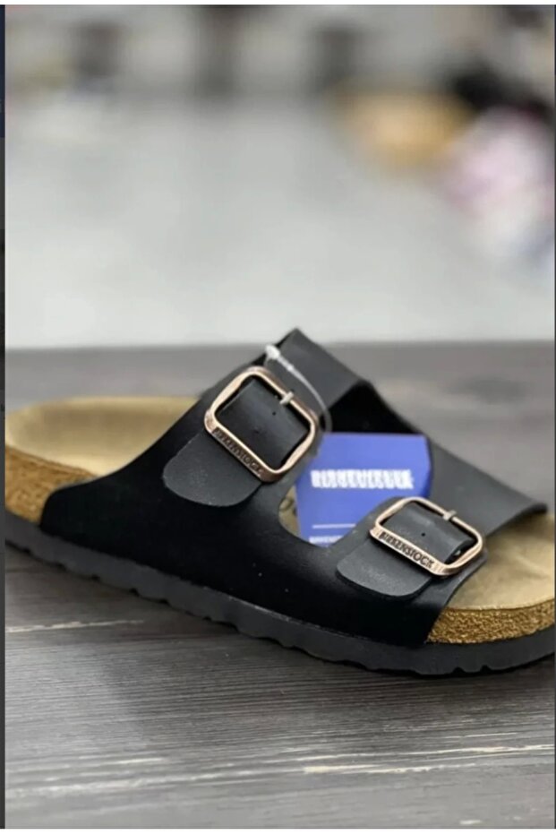 Children's Unisex Cork Sole Leather Black Slippers