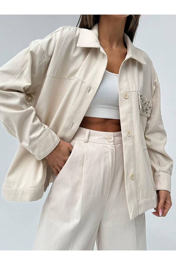 Taş Rengi %100 Pamuk Cep Detaylı Gabardin Gömlek - 5123 - 2
