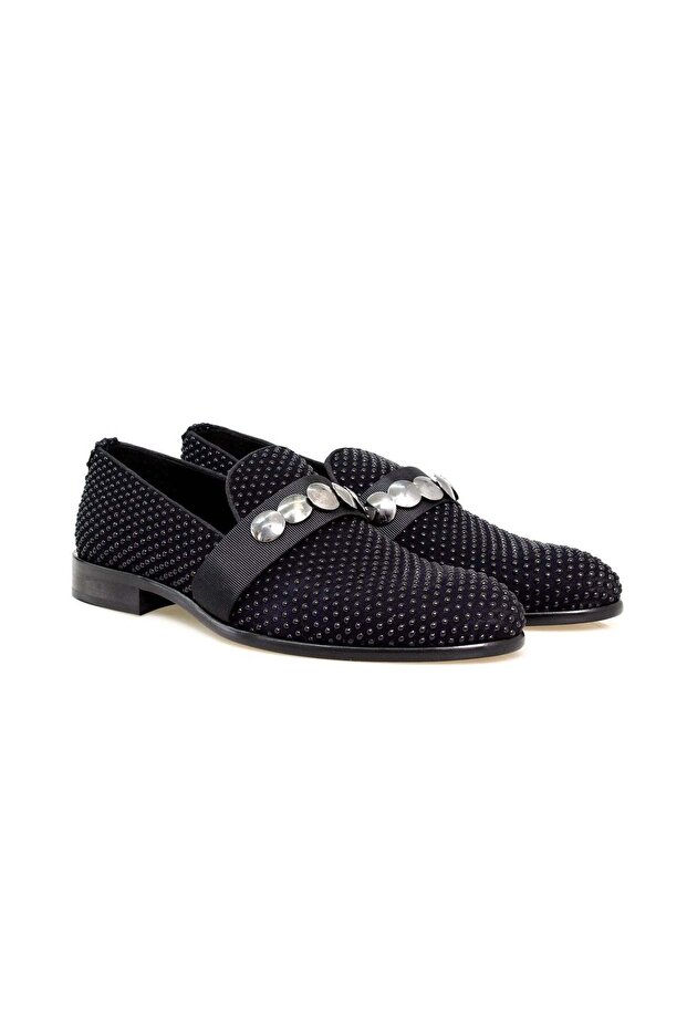 Dark Blue Color Laceless Genuine Leather Suede Beaded Men's Shoes