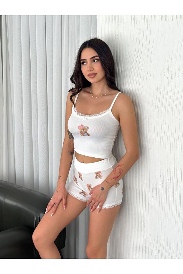 Ayıcık Desenli Dantelli Crop Bluz ve Şort Takım - 1