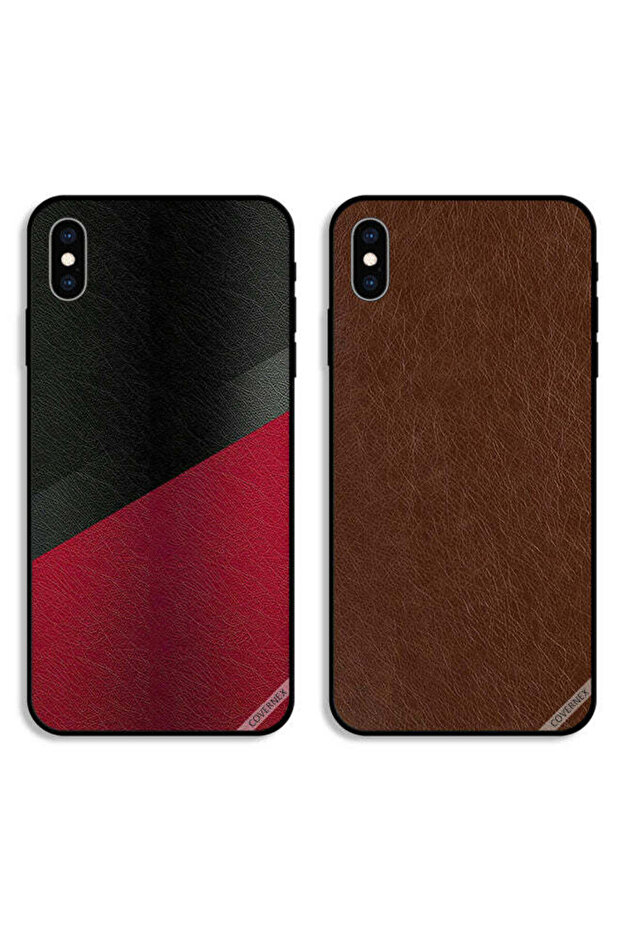 حافظتان لهاتف Apple iPhone XS Max بغطاءين واقيين منقوشين باللونين الأسود والأحمر وجلد بني