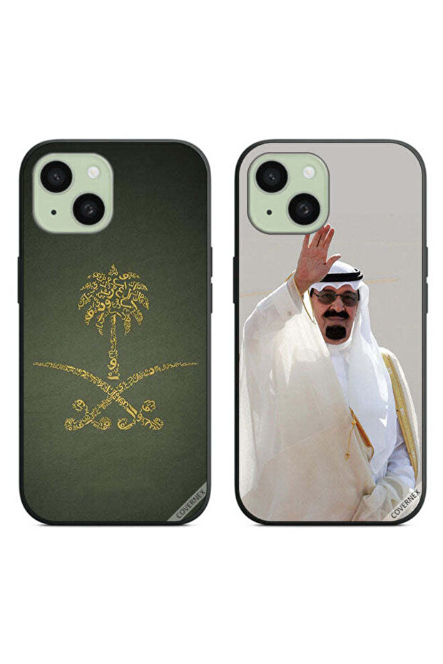 حافظتان لجهاز آبل آيفون 15 بلس بغطاء حماية يحملان شعار المملكة العربية السعودية وشعار الملك عبدالله