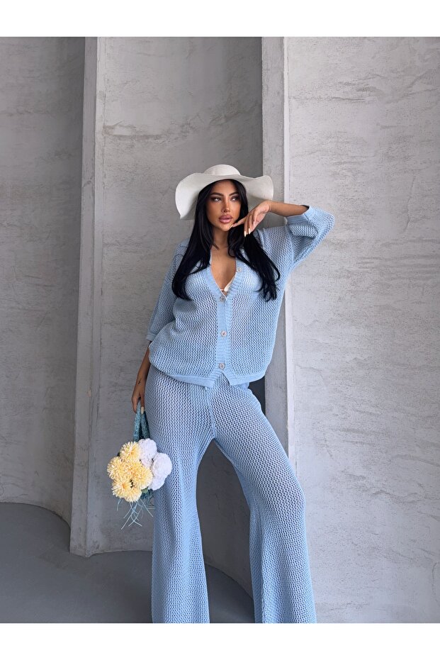 Women's Beach Outfit: Openwork Blouse and Pants Set