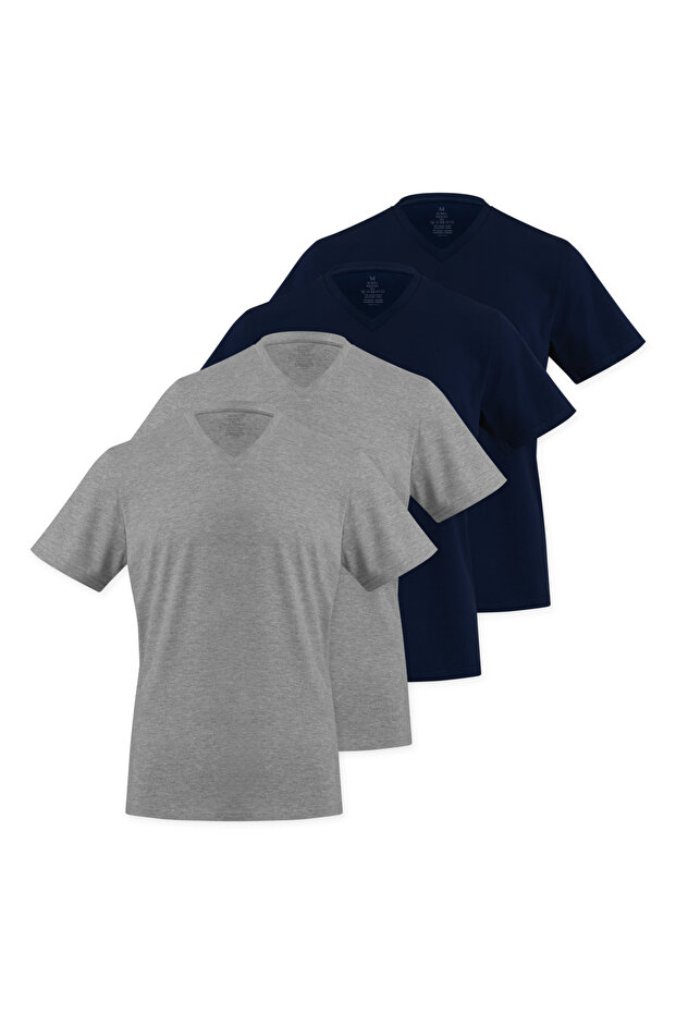 Men's V-Neck 100% Cotton Basic T-Shirt Pack of 4 (2 Grey 2 Navy Blue)
