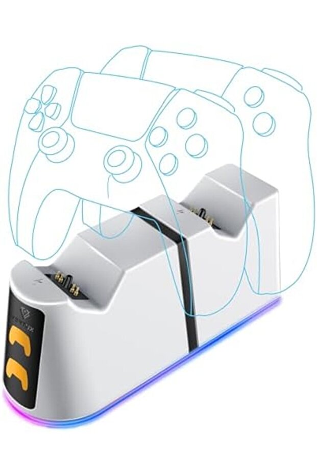 محطة شحن وحدة تحكم PS5 مع فتحات مزدوجة للنقر، وأضواء RGB ومؤشر بطارية LED - 2