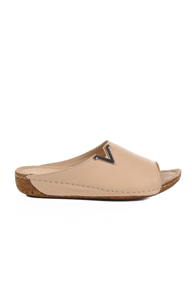 Beige Genuine Leather Women's Slippers 002 Z