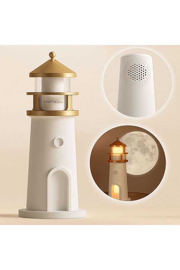 Sevimli Ay Projeksiyonlu Deniz Feneri Lambası Bluetooth Hoparlörlü Kablosuz Masa Lambası - 1