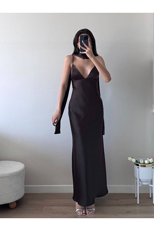 Satin Shal Detail V-Neck Back Decoleted Long Dress