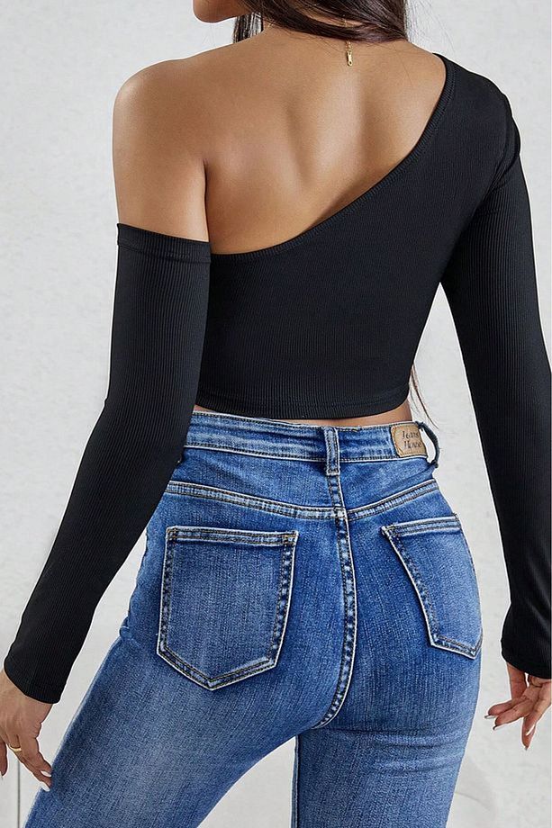 Trend Kadın Siyah Tek Omuz Uzun Kollu Crop Üst Vücuda Oturan Fit - 4