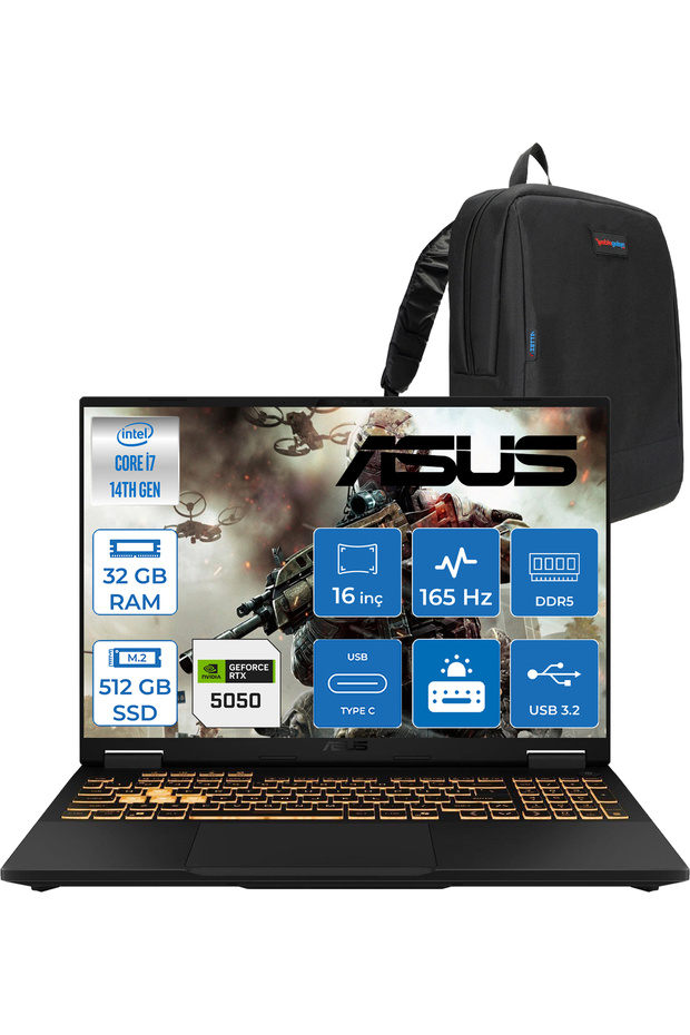 Tuf F16 I7-14650HX 32GB 512GB SSD 8GB/RTX5050 115W 165Hz 16"wuxga Fhd+ 300NITS IPS FDOS WRV055F07 - 1