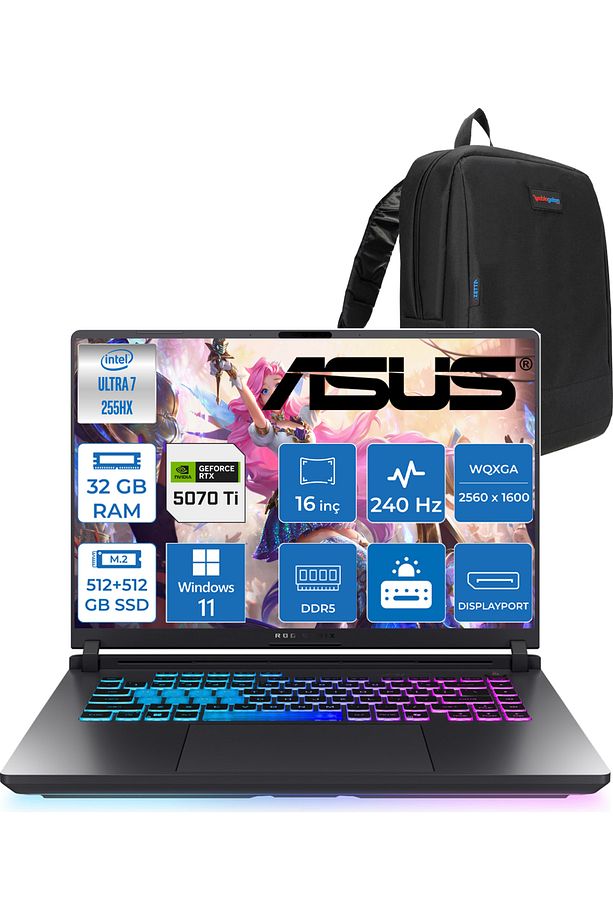 Rog Strix G16 Ultra 7 255HX 24GB 512GB SSD+512GB SSD 12GB/RTX5070Tİ 140W 16" WIN11PRO ZS5212P02 - 1