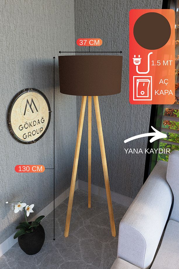 3 Ayaklı MEGA BOY Tripod Lambader Abajur Kahverengi Kumaş Başlık - 1
