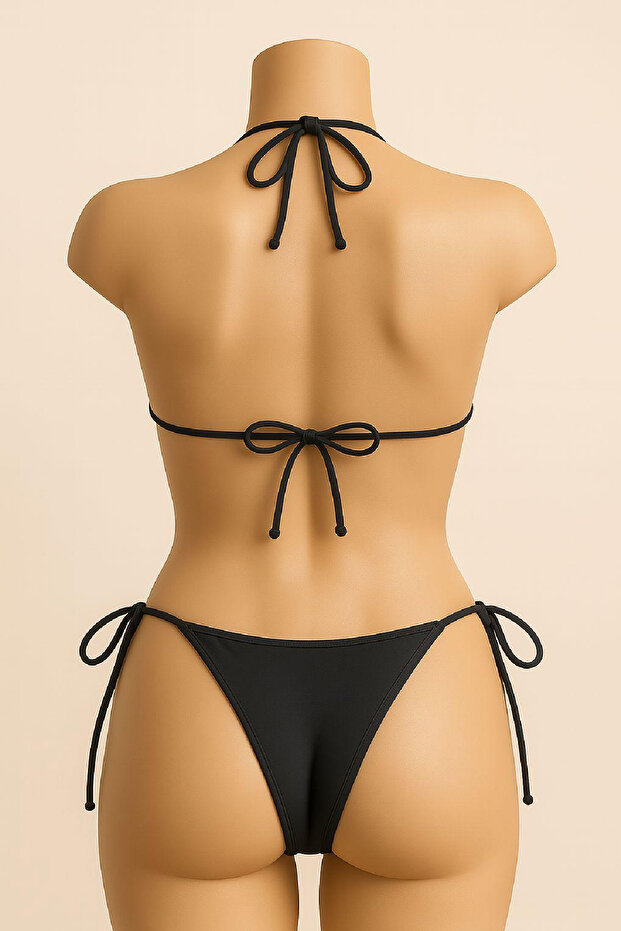 Kadın Siyah Yandan ve Boyundan Bağlamalı Bikini Mayo Takımı - 2