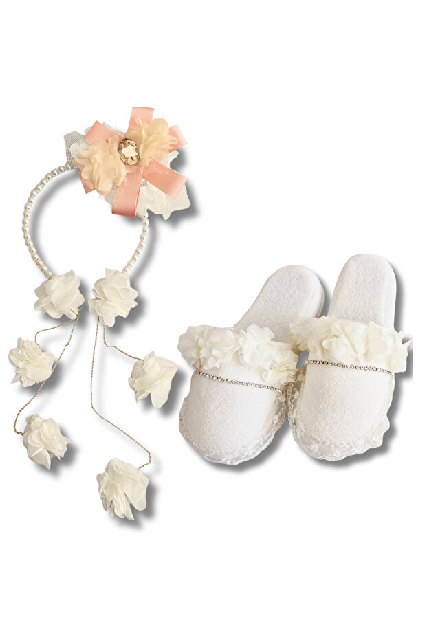 Maternity Crystal Stone Design Slippers and Chain Earrings Model Crown Set with Pearls, Bride