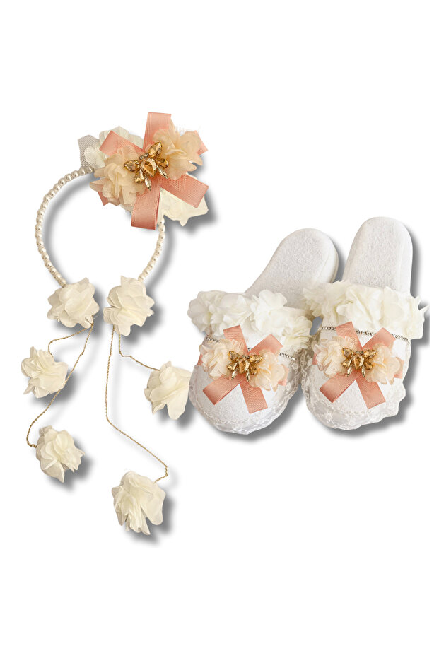 Maternity Crystal Stone Design Slippers and Chain Earrings Model Crown Set with Pearls, Bride