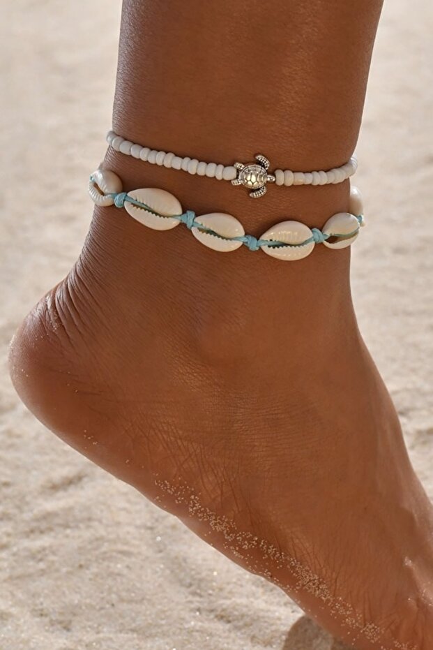 Seashell and Turtle Bead Anklet Set - 1