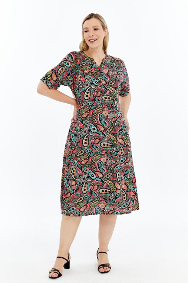 Colorful Pink Shawl Pattern Short Sleeve Viscose Summer Mother Dress