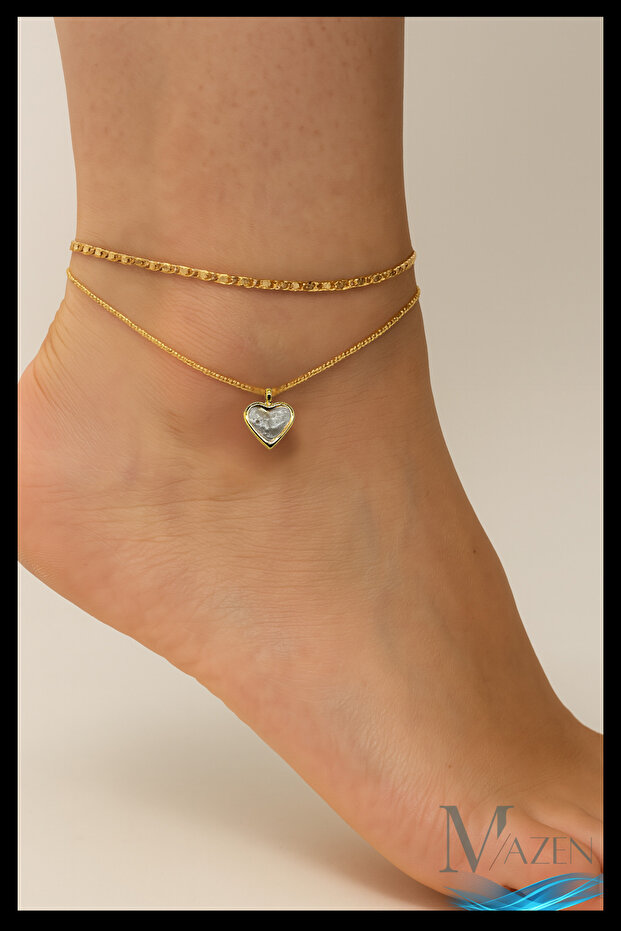 Double Row Anklet with Heart Dangle | Elegant Design with Heart Figure | Women's Foot Accessory