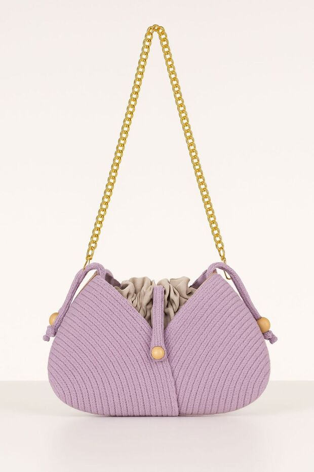 Handmade Knitted Crossbody Bag - Double Color - Drawstring with Chain Strap - 3