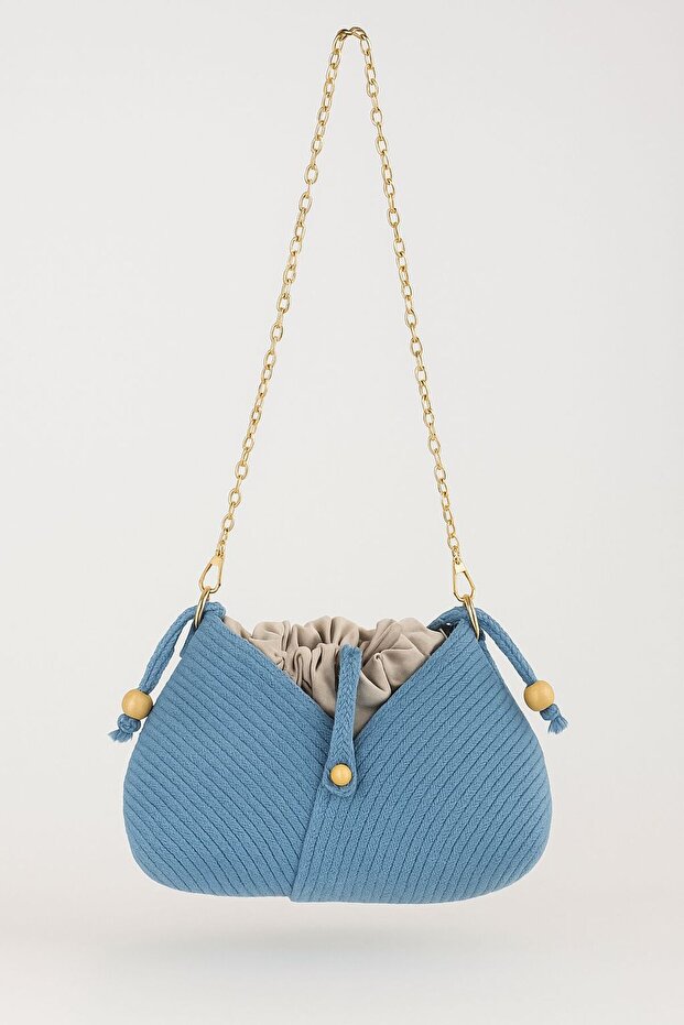 Handmade Knitted Crossbody Bag - Double Color - Drawstring with Chain Strap - 3