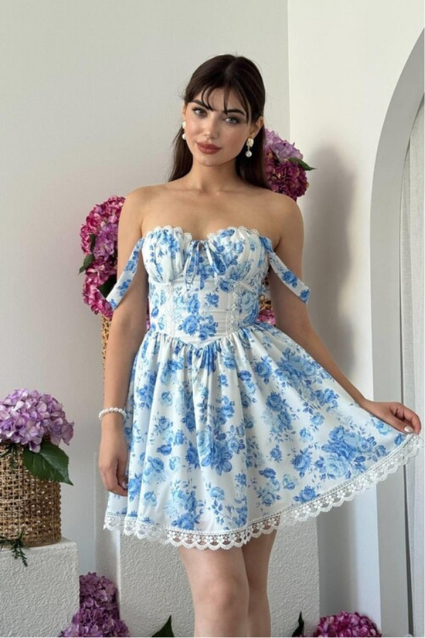 Çiçekli Mini Elbise - 5