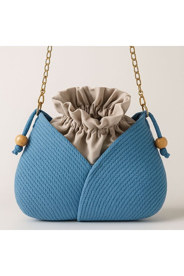 Handmade Knitted Crossbody Bag - Double Color - Drawstring with Chain Strap - 2