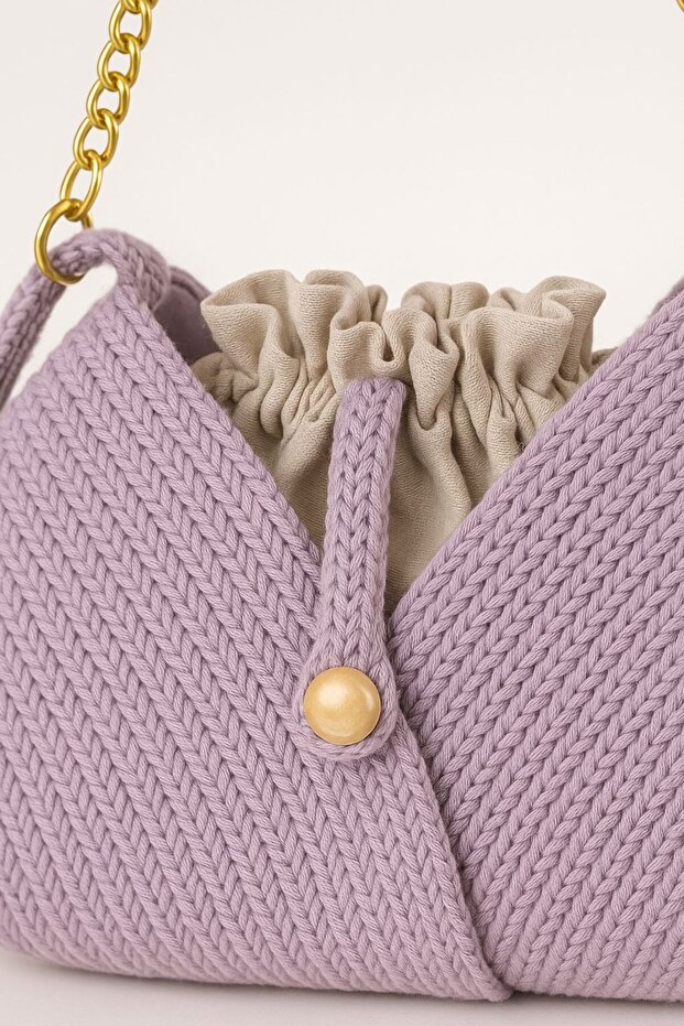 Handmade Knitted Crossbody Bag - Double Color - Drawstring with Chain Strap - 2