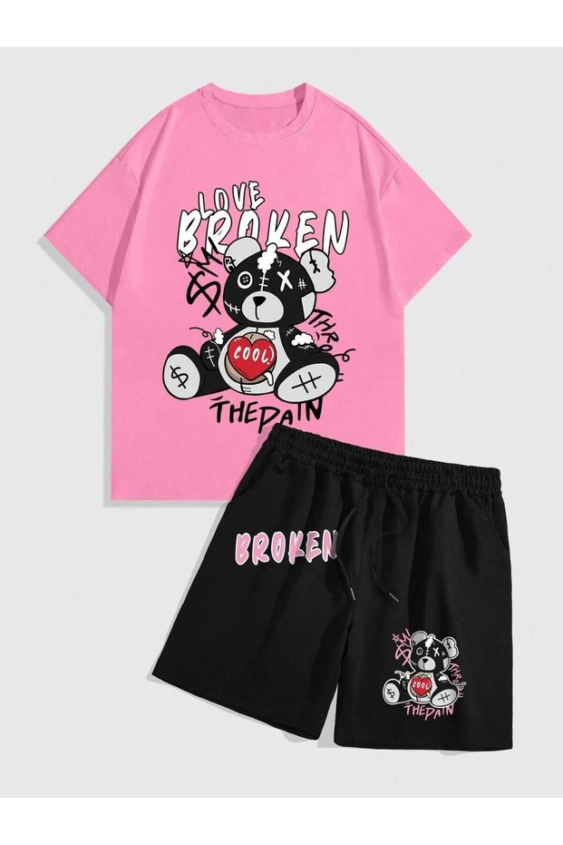 Unisex T-Shirt and Shorts - T-Shirt Bottom Top Set with Shorts Printed Crew Neck