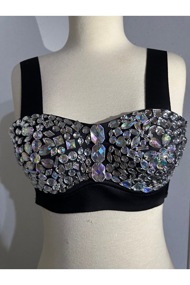 Kristal taş işlemeli geceler ve partiler için uygun push up dolgulu crop - 1