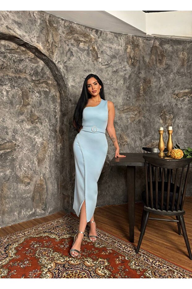 Imported Fabric One Shoulder Beaded Embroidered Feather Belt Detailed Lined Custom Design Dress