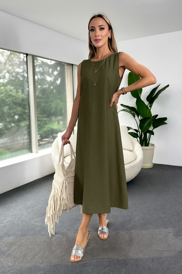Women's Modal Fabric Midi Sleeveless Bell Dress -Khaki