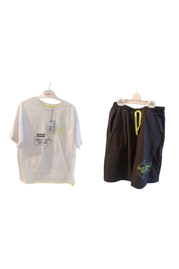 Boys' Summer Double Suit White Printed T-Shirt + Black Shorts (Age 10-13) Summer Sports Style