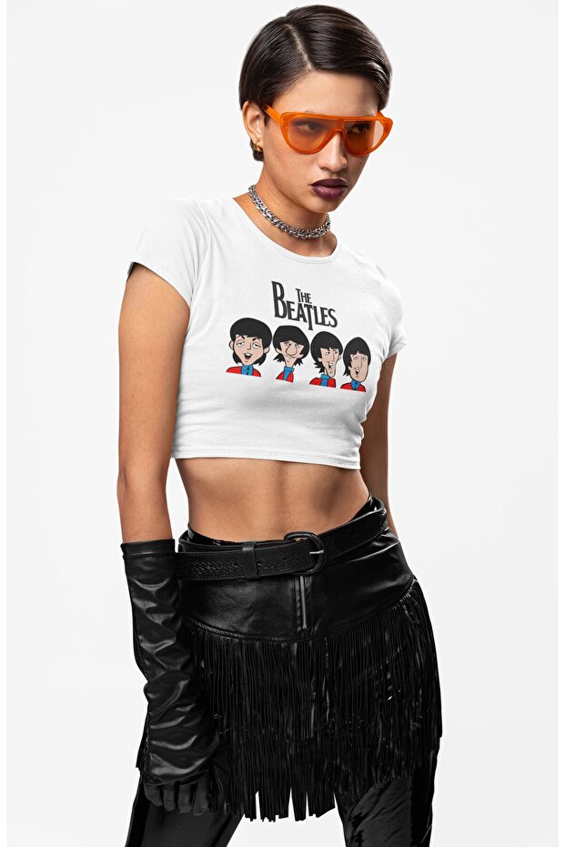 The Beatles Printed Crop Top, Women's Rock Band Themed Crop Blouse