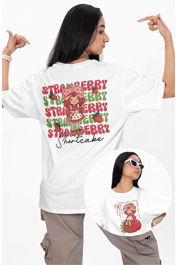 Oversize Strawberry Girl Back Printed T-Shirt, Strawberry Themed Crew Neck T-Shirt