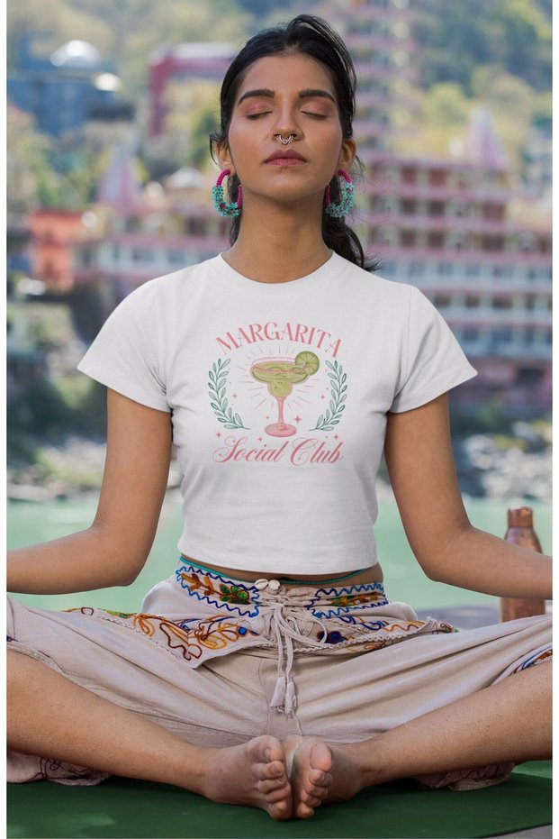 Margarita Social Club Printed Crop Top, Women's Coctail Themed Crop Blouse