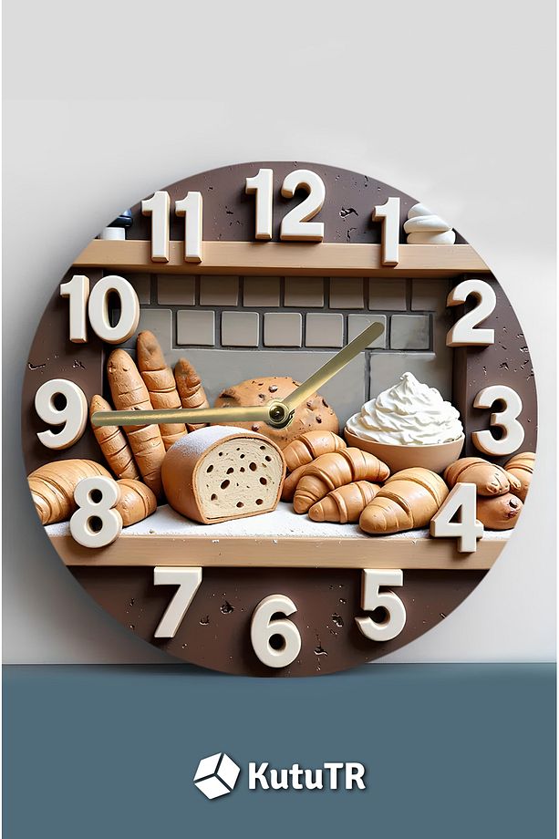 🥖 Fırın Temalı Çift Katmanlı MDF Duvar Saati | 33 cm | Ekmek ve Kruvasan Desenli Saat Sdw355 - 3