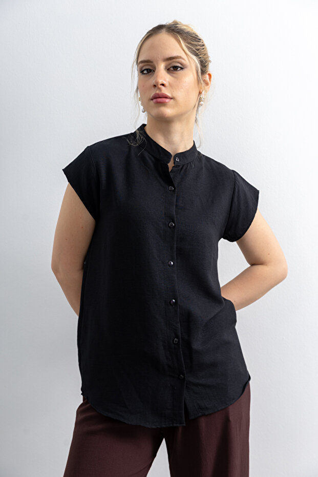 Women's Short Sleeve Judge Collar Cotton Shirt