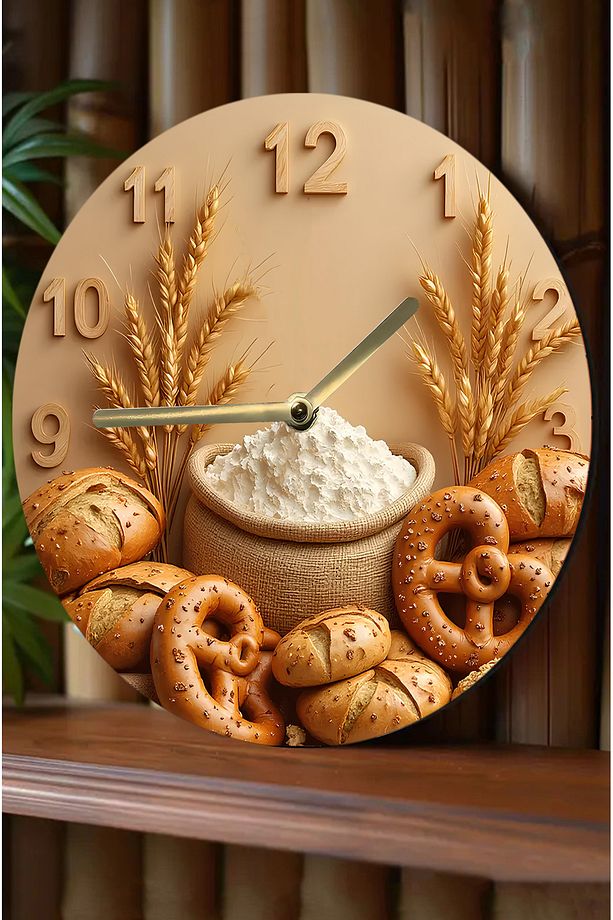 🌾 Un, Buğday ve Ekmek Temalı MDF Saat | 33 cm | Çift Katmanlı Rustik Tasarım Sdw354 - 1
