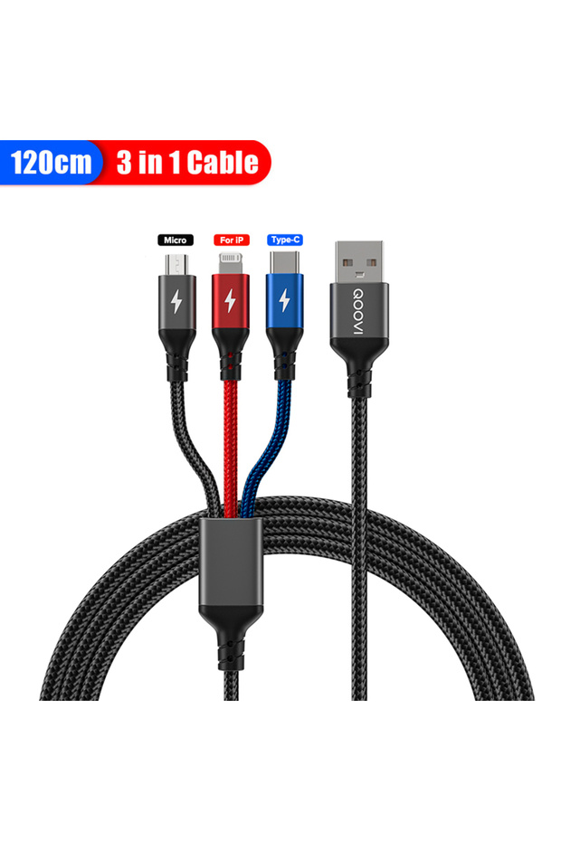 كابل 3 في 1 بطول 1.5 متر من QOOVI كابل USB متعدد 3 في 1 بقوة 66 وات للشحن السريع بمنفذ Micro USB من النوع C لشحن الهواتف المحمولة