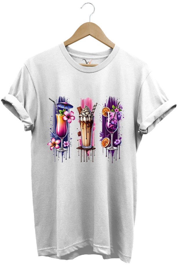 Milkshake and Cocktail Themed Colorful Summer Printed 100% Cotton Unisex Regular Fit T-Shirt