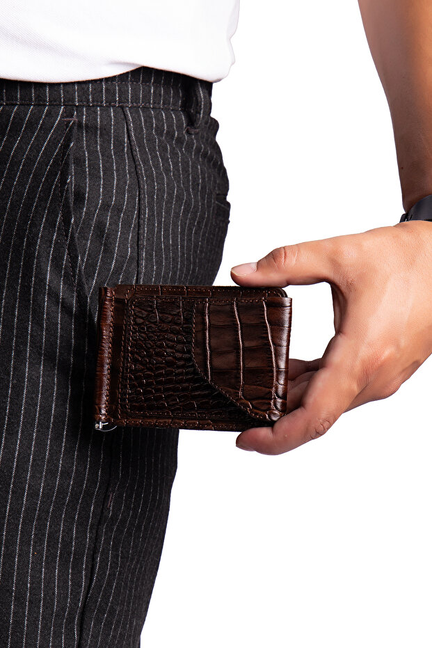 Rafel Brown Crocodile Genuine Leather Wallet with Money Clip and Magnet Cover